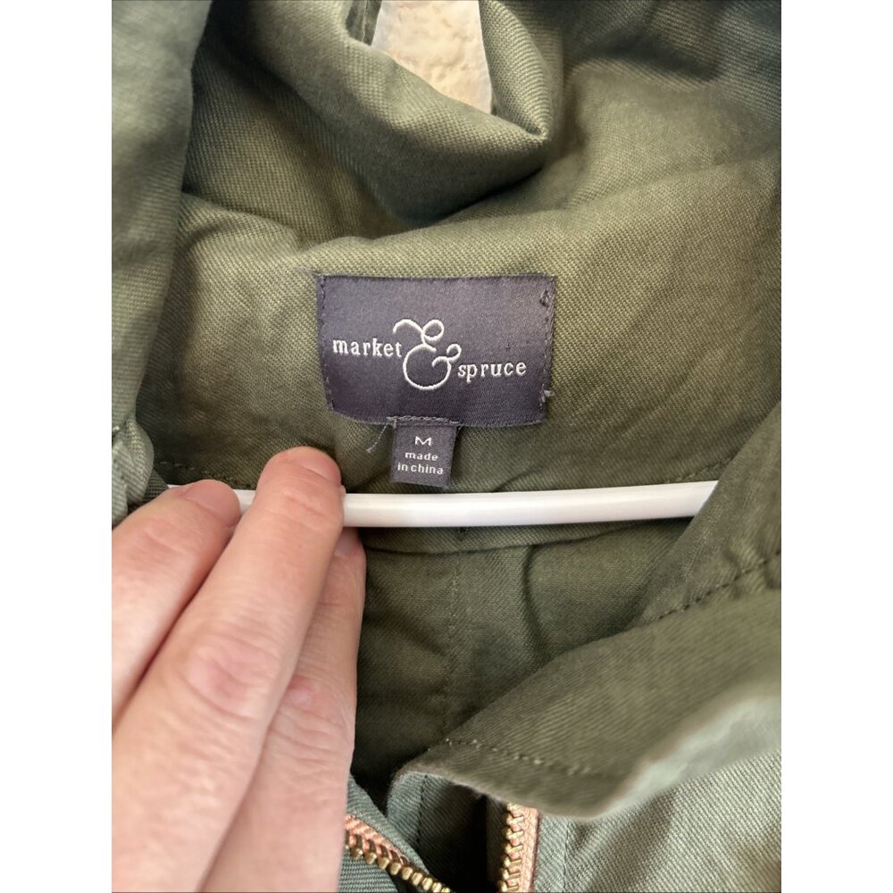 Market & Spruce 100%‎ Cotton Military Green Jacket Removable Hood Cargo Size M - Picture 2 of 7